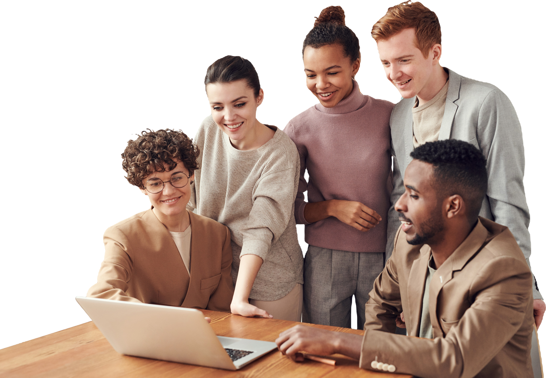 Diverse Team of Five Working with Laptop on the Table